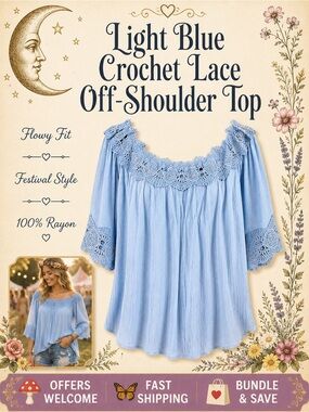 Haute Monde Off‑Shoulder Crochet Lace Top Light Blue Flowy Rayon S/M